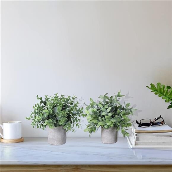 Set of 2 Faux Mini Potted Plants Artificial Eucalyptus Boxwood Plants - Picture 4 of 8